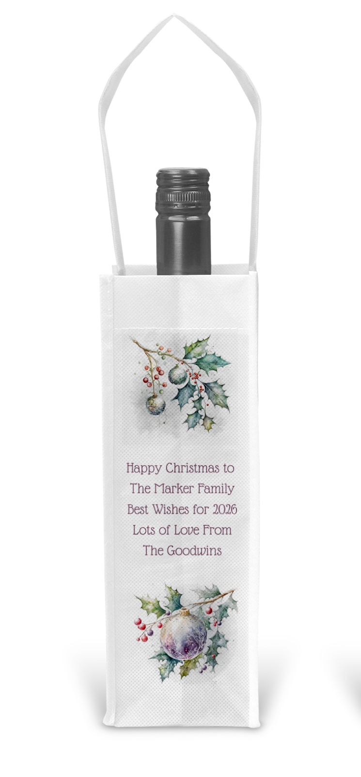 Personalised Bottle Gift Bag - Christmas Holly Design