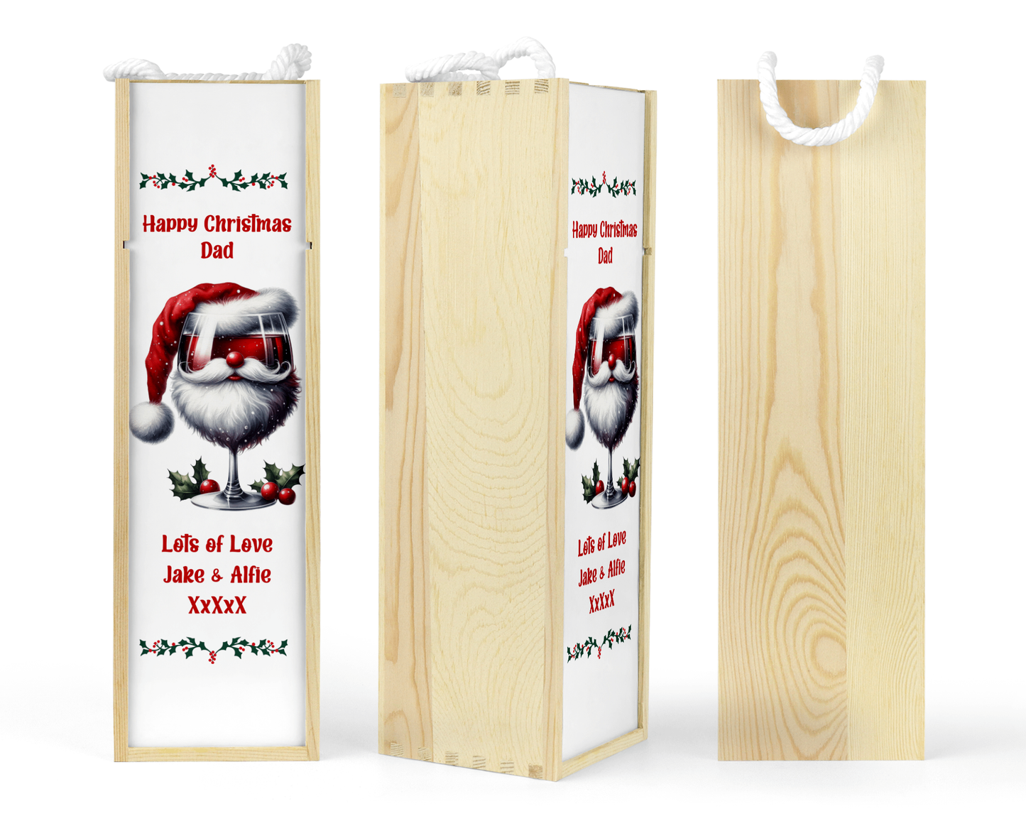 Personalised Wooden Bottle Gift Box - Christmas Red Wine Design