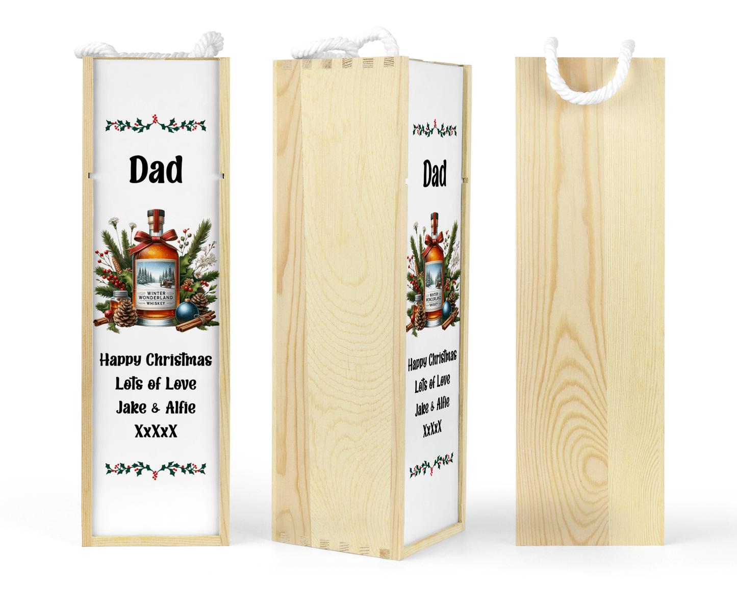 Personalised Wooden Bottle Gift Box - Christmas Whiskey Design