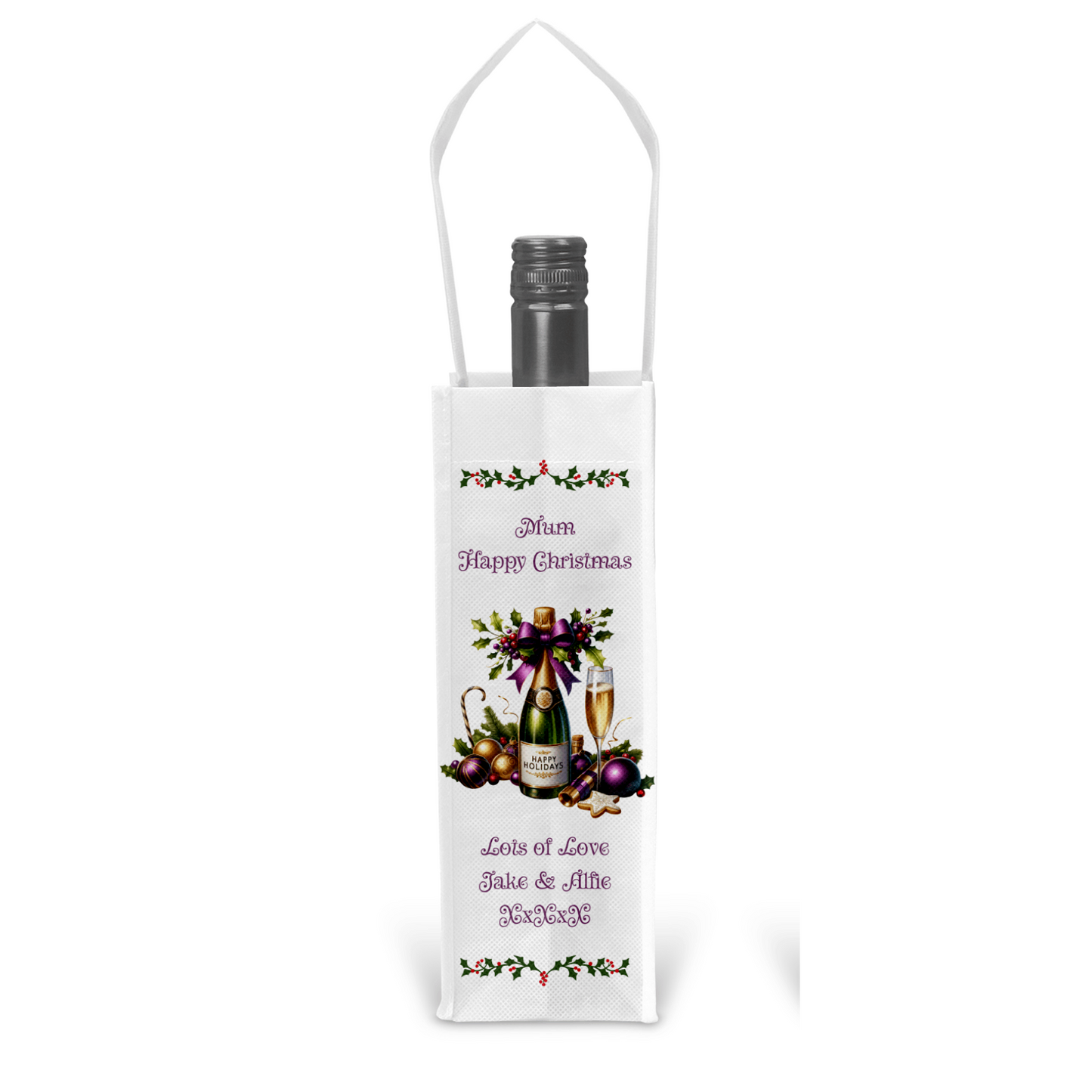 Personalised Bottle Gift Bag - Christmas Champagne Purple