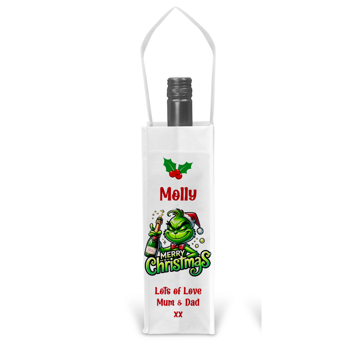 Personalised Bottle Gift Bag - Christmas Grinch Design