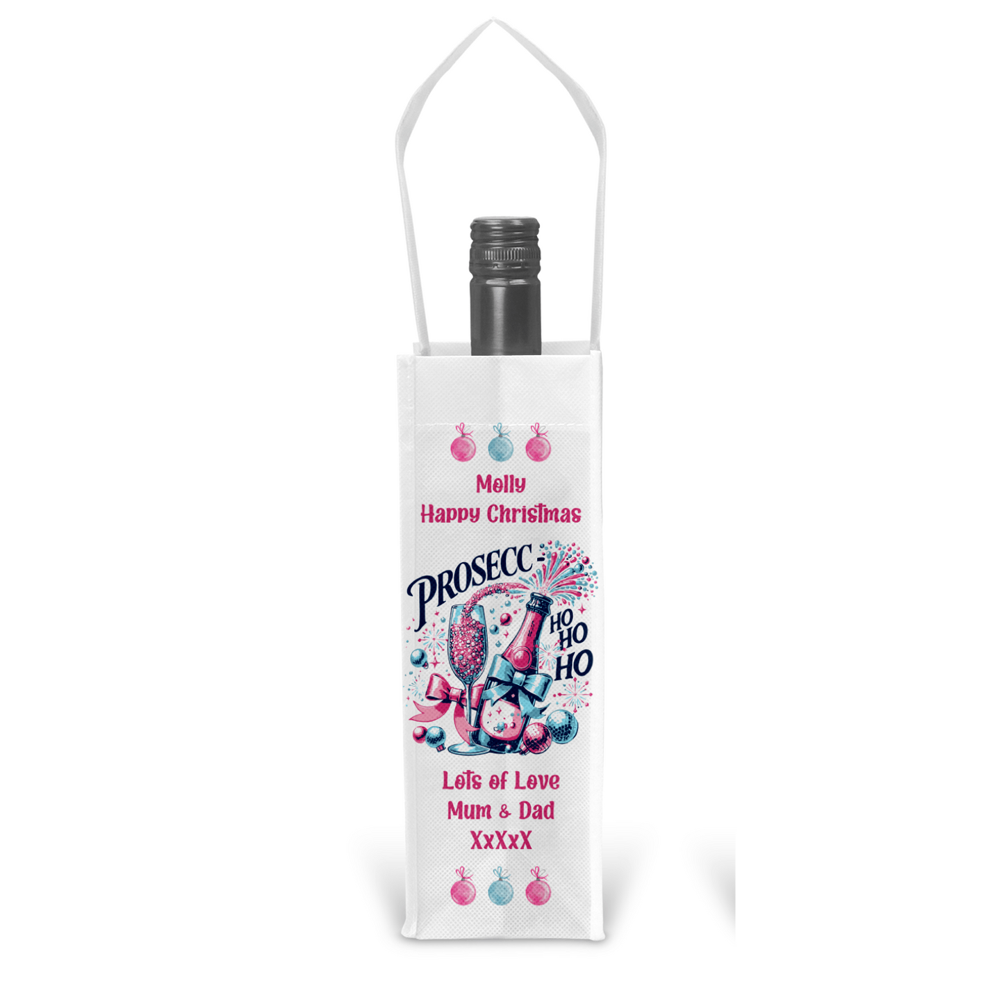 Personalised Bottle Gift Bag - Christmas Prosecco Pink Design