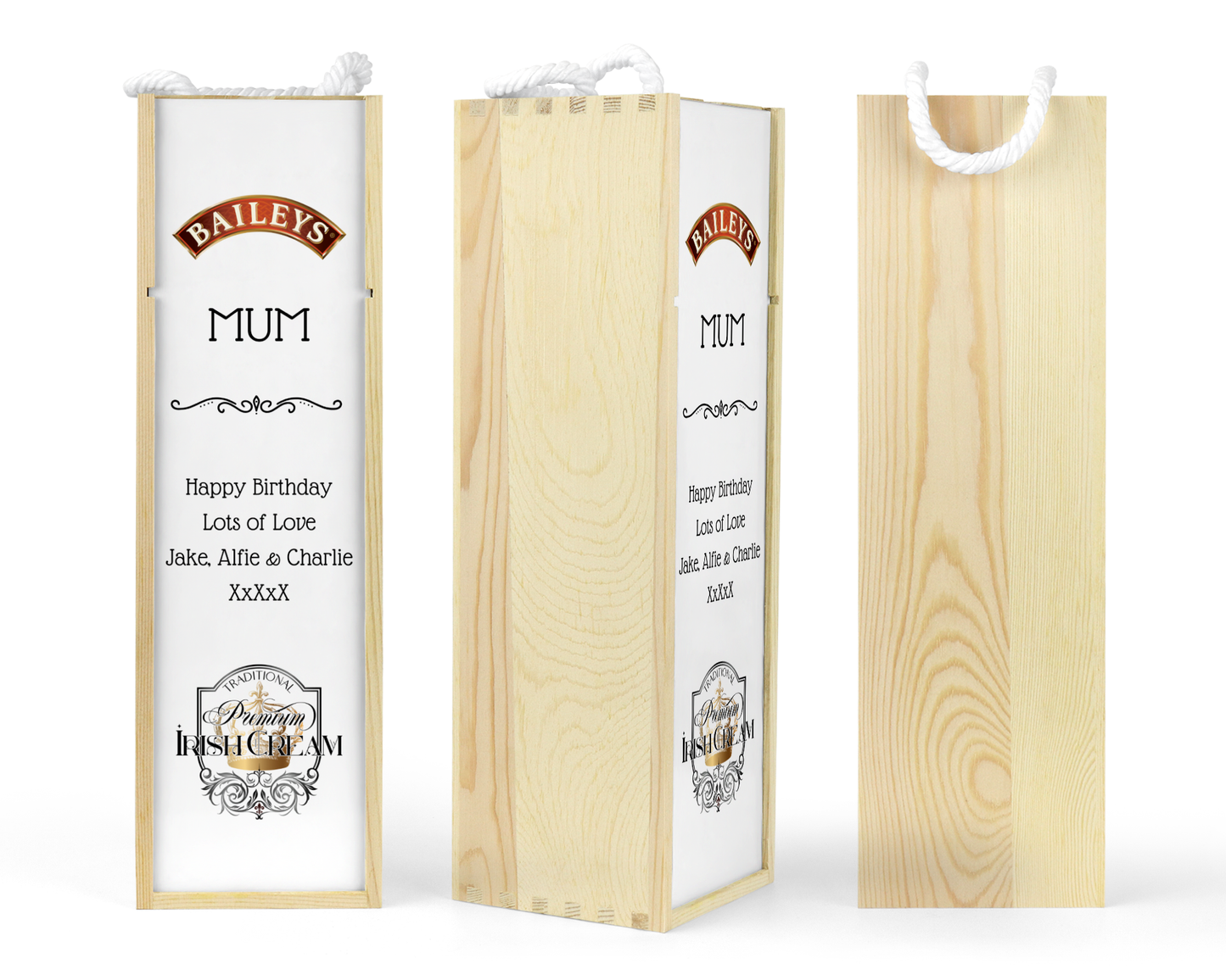 Personalised Wooden Bottle Gift Box - Baileys Irish Cream Design