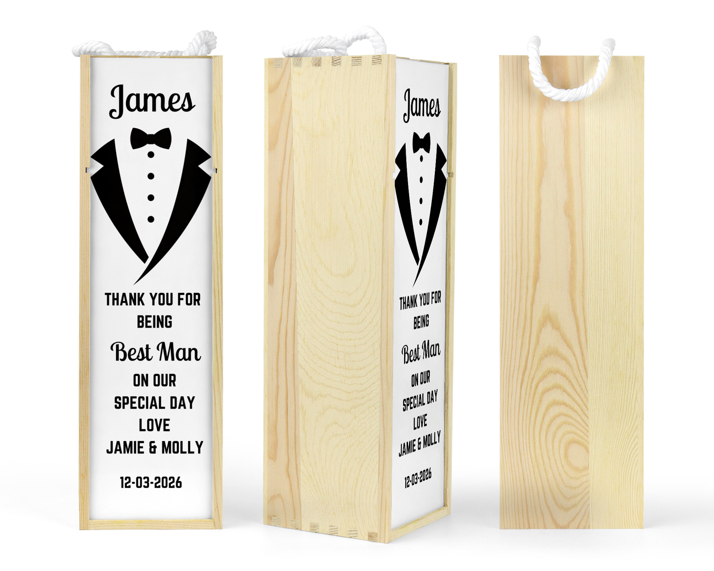 Personalised Wooden Wine Bottle Gift Box - Best Man Wedding Design