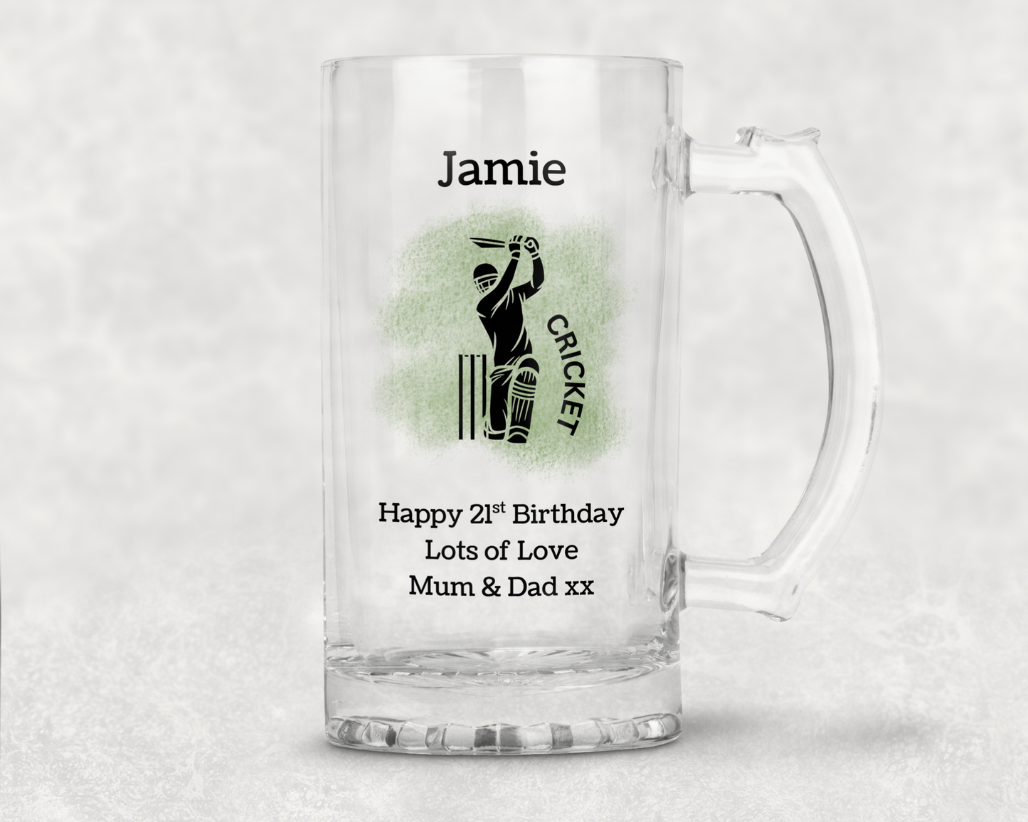 Personalised Clear Glass Tankard (0.8 Pint) - Cricket Design