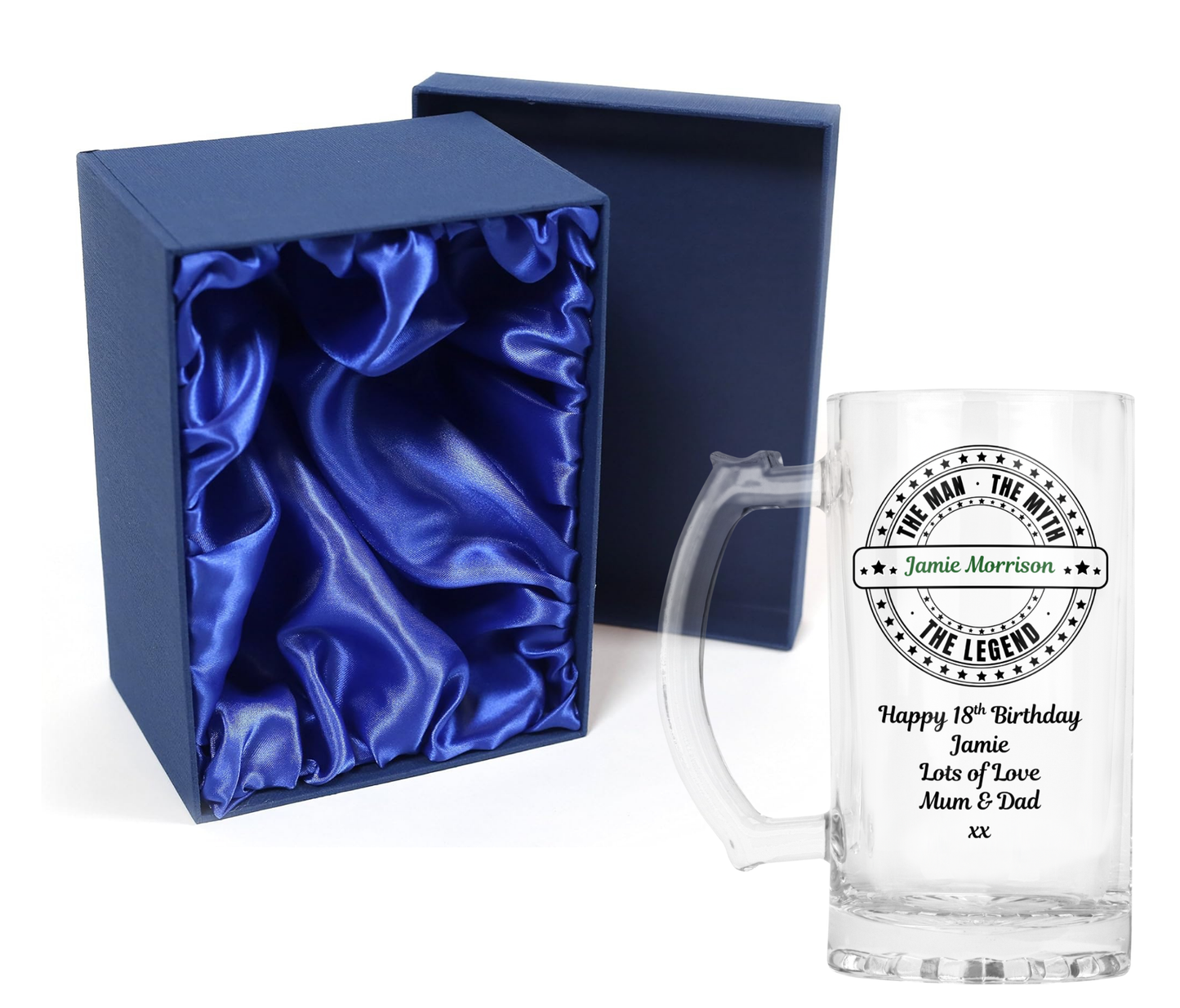 Personalised Clear Glass Beer Tankard Mug - The Man The Myth The Legend Design