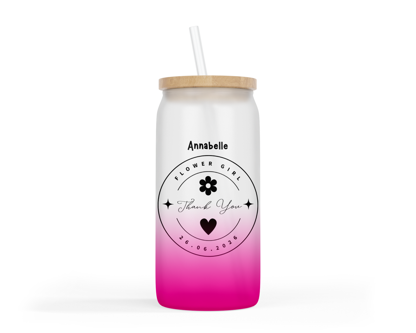 Personalised Ombre Pink Glass Tumbler - Flower Girl Wedding Design