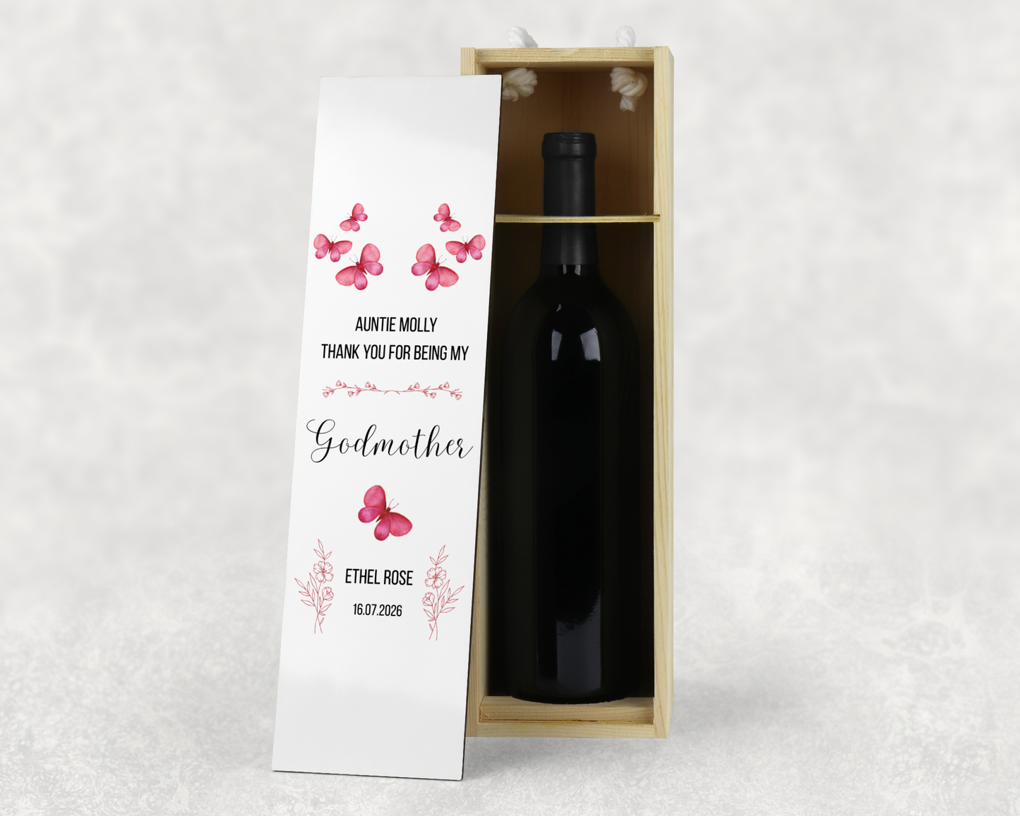 Personalised Wooden Wine Bottle Gift Box - Thank You Godmother Design
