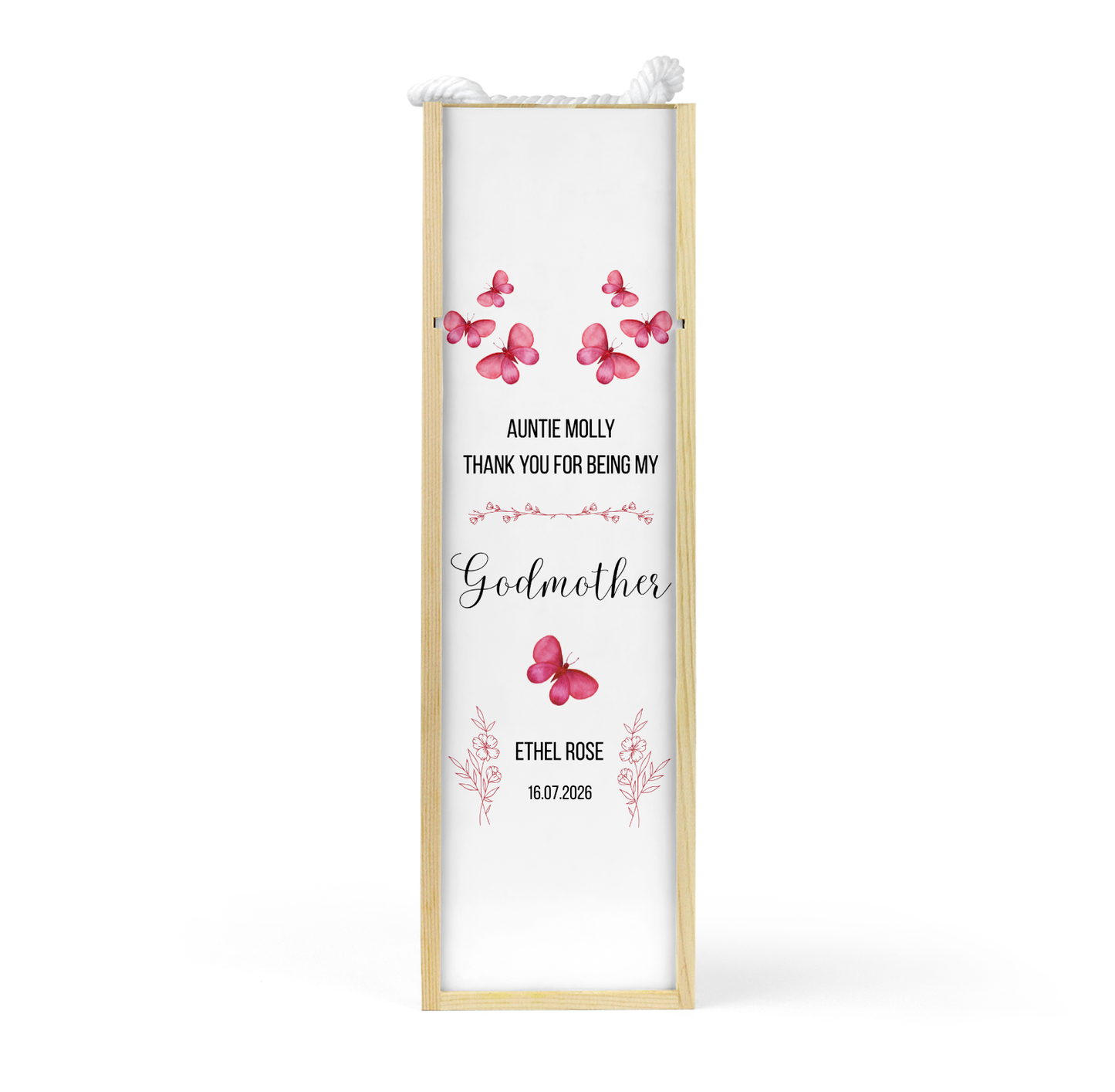Personalised Wooden Wine Bottle Gift Box - Thank You Godmother Design