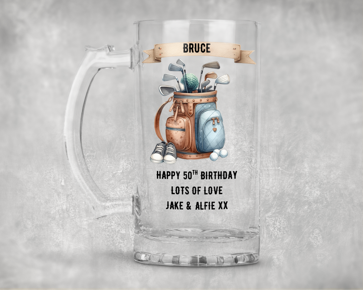 Personalised 16oz Clear Glass Beer Tankard Mug - Golf Bag Design
