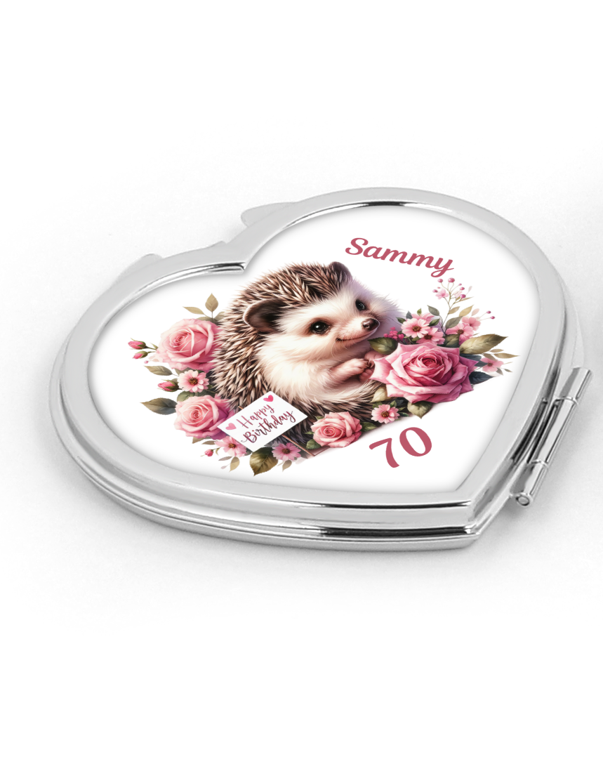 Personalised Heart Compact Mirror - Hedgehog Birthday