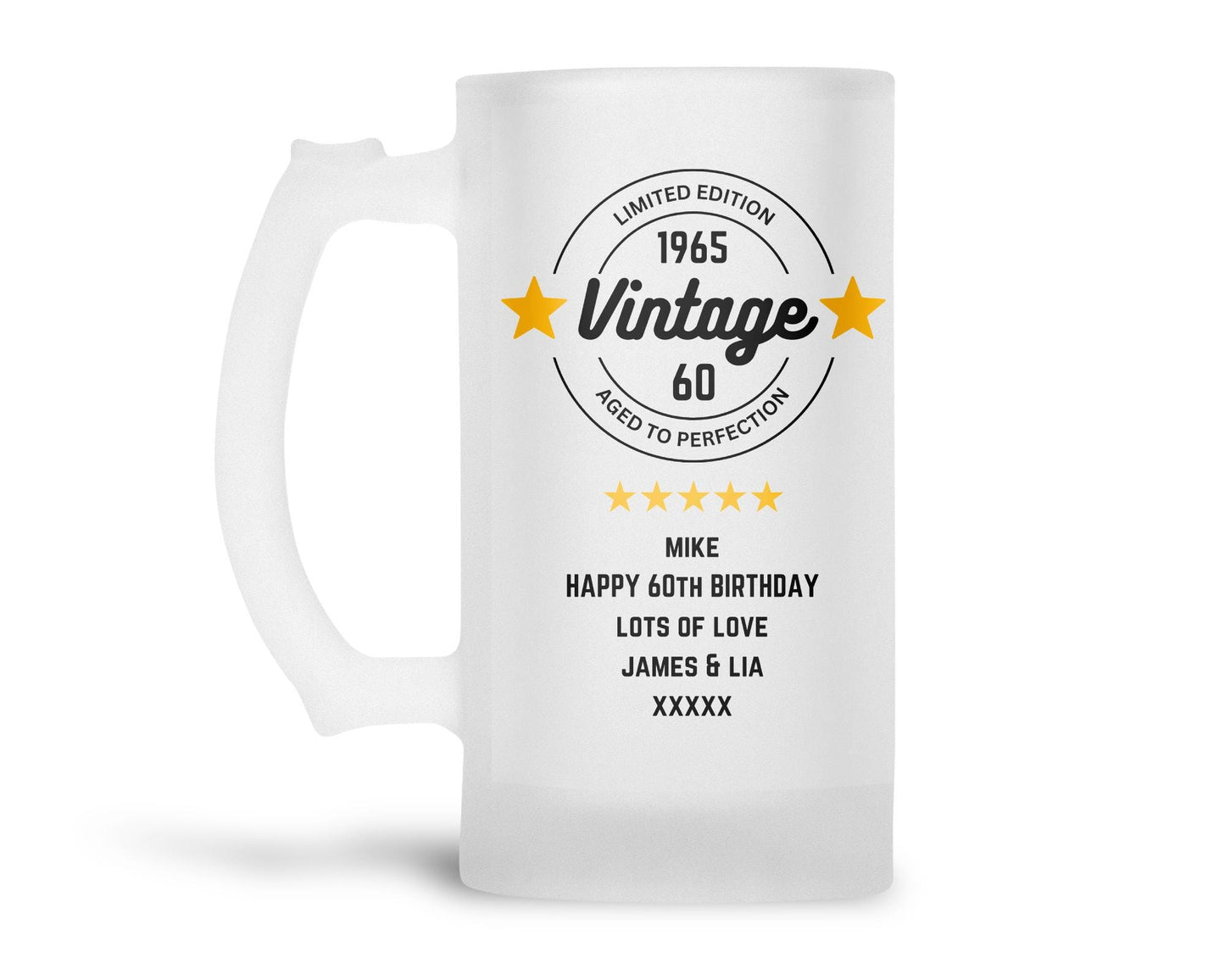 Personalised Frosted Glass Tankard (0.8 Pint) - Vintage Birthday Design
