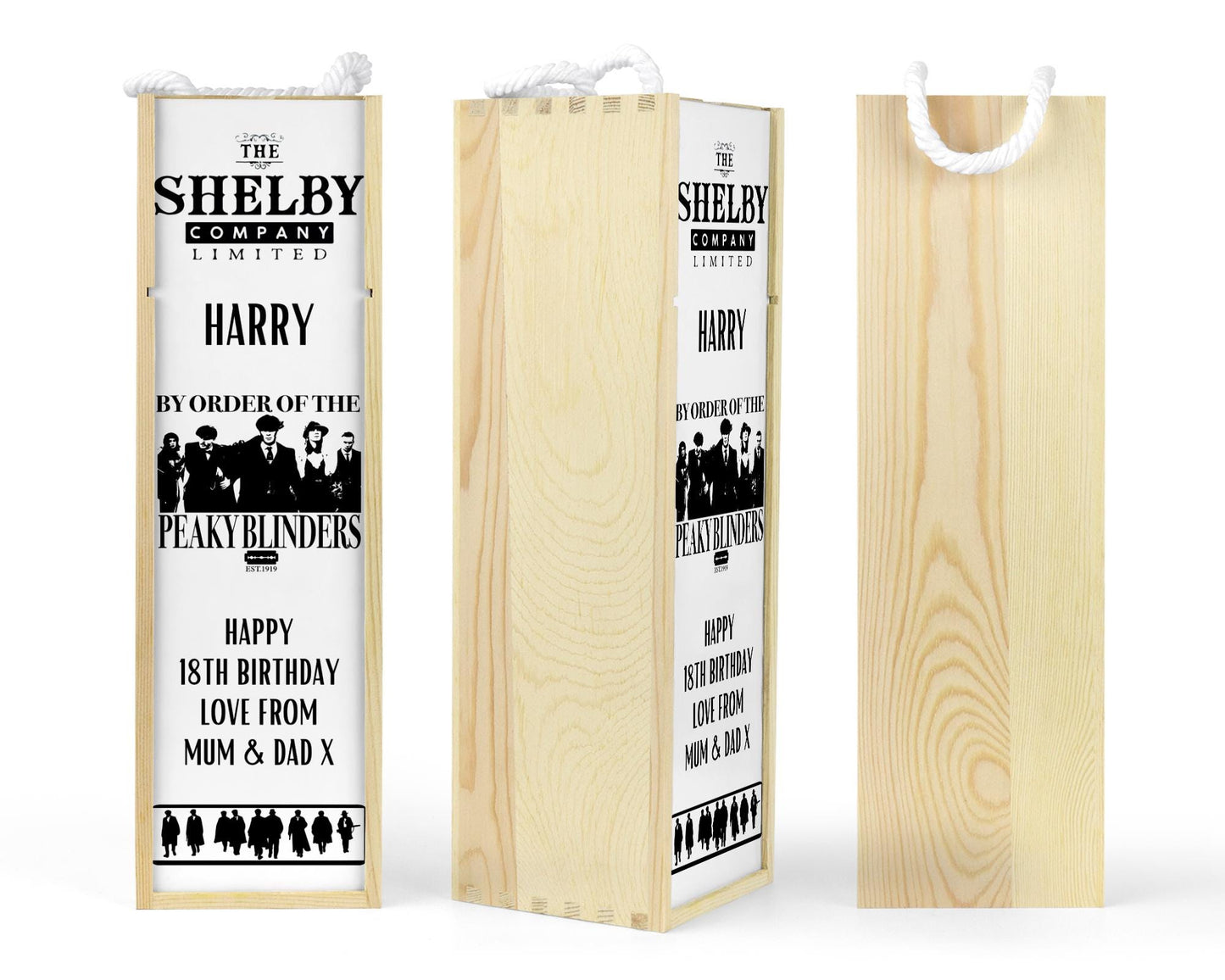 Personalised Wooden Wine Bottle Gift Box - Peaky Blinders Design