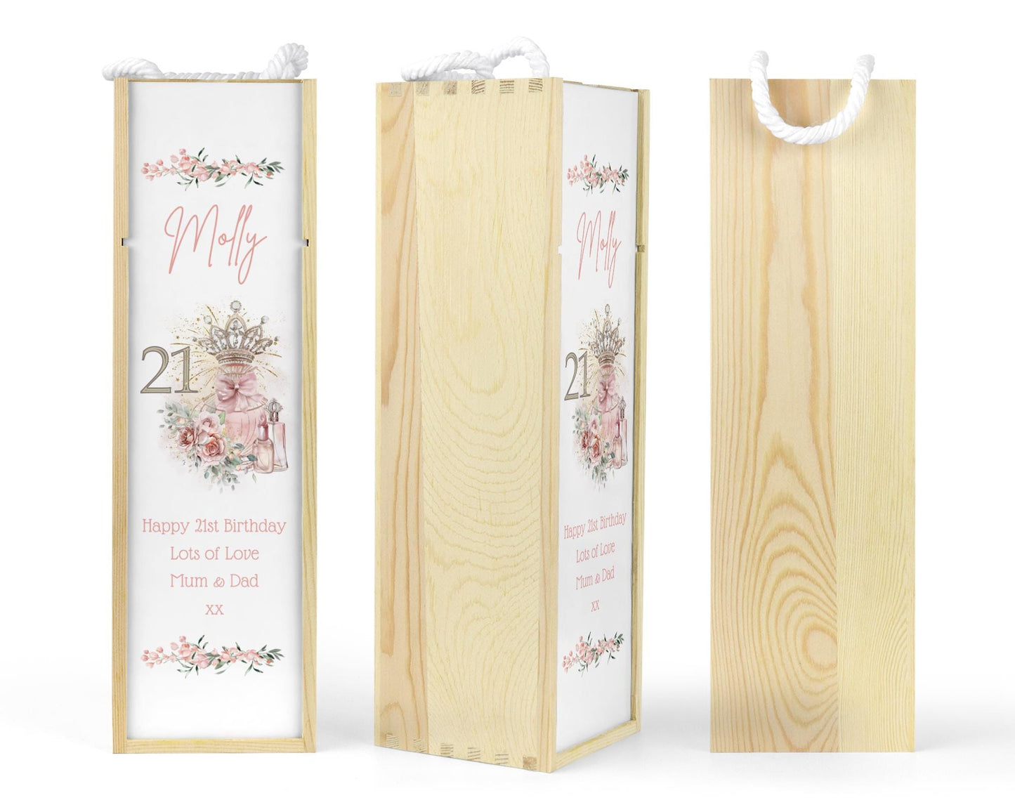 Personalised Wooden Wine Bottle Gift Box - 21st Birthday Crown Design