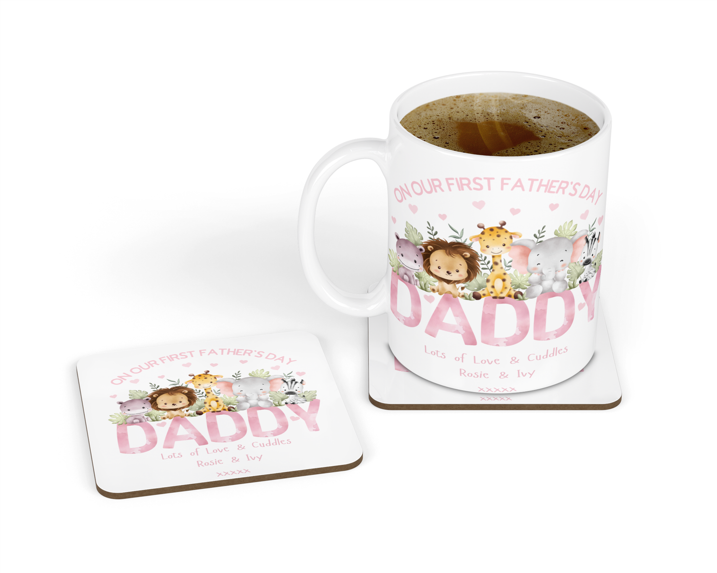 Personalised Mug & Coaster - First Father's Day Daddy Pink