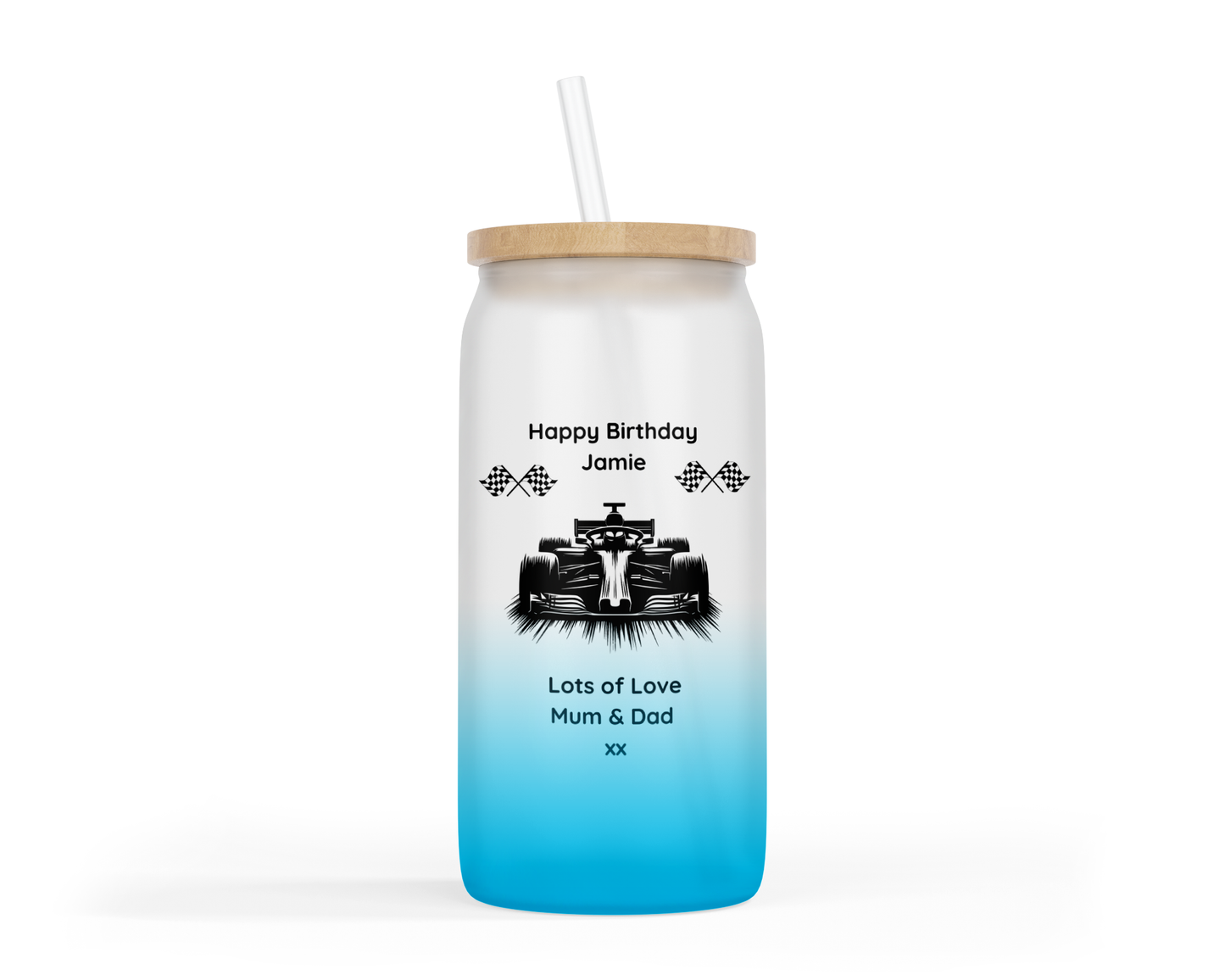 Personalised Ombre Coloured Glass Tumbler - Formula One Design