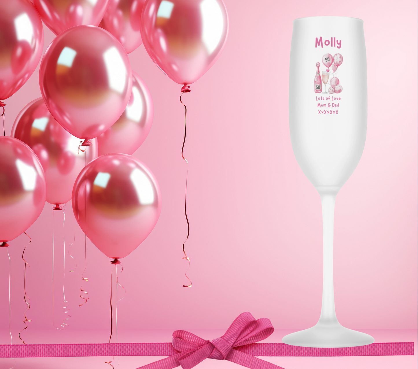 Personalised Flute Glass - 50th Birthday Pink Balloons