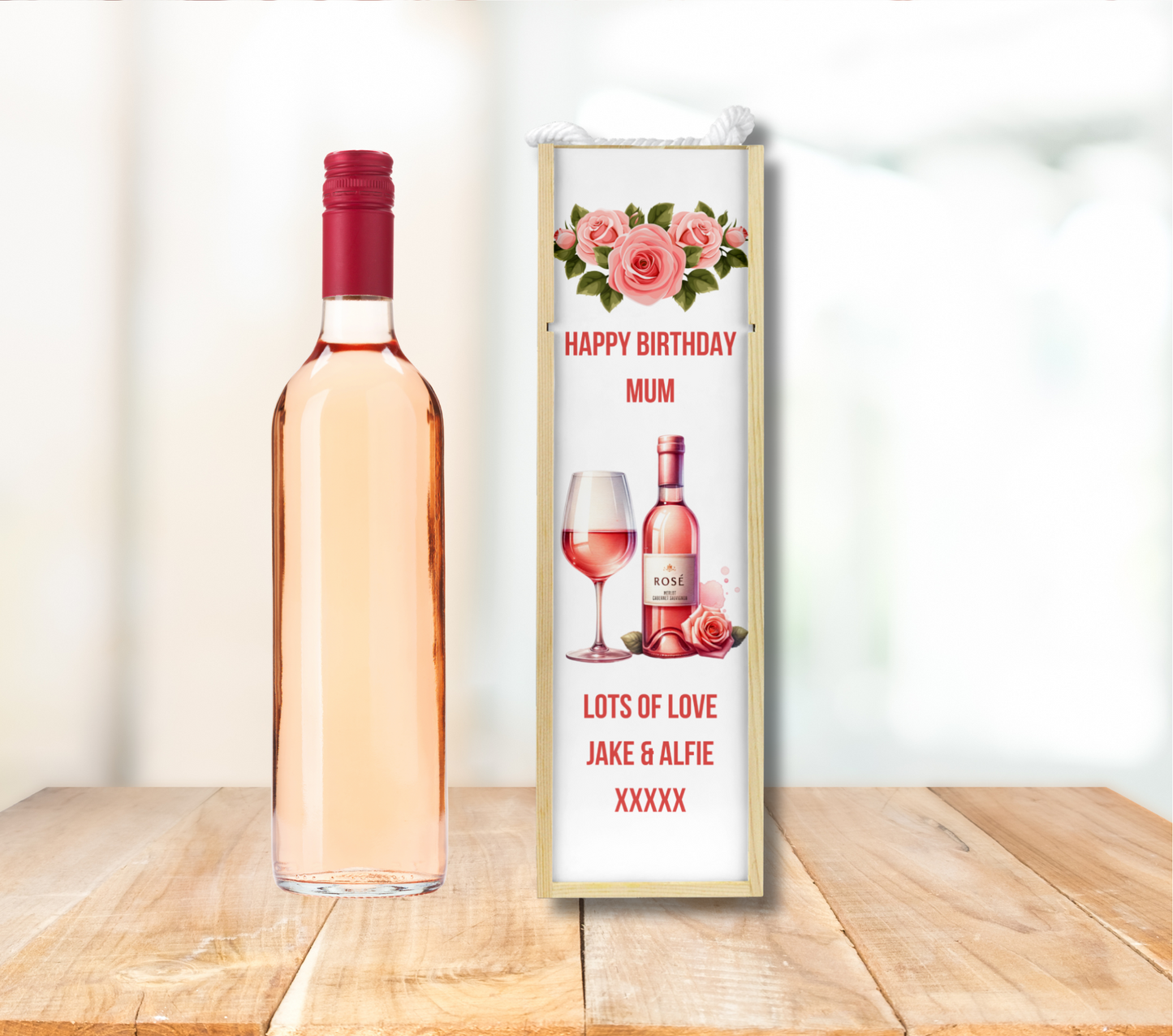 Personalised Wooden Bottle Gift Box - Rose Wine Design