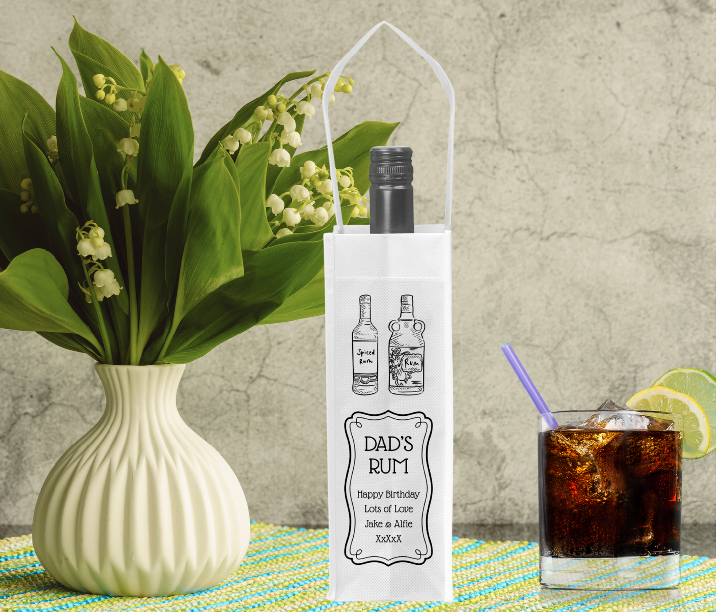 Personalised Bottle Gift Bag - Black & White Rum Design