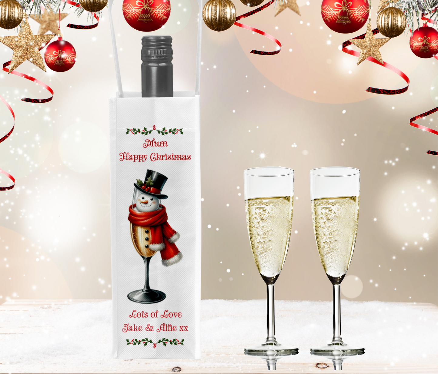 Personalised Bottle Gift Bag - Christmas Snowman Prosecco Design