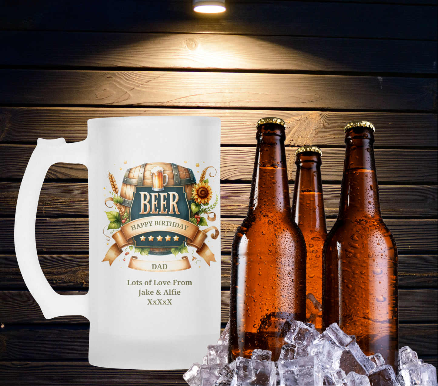 Personalised Frosted Glass Tankard (0.8 Pint) - Beer Barrel Design