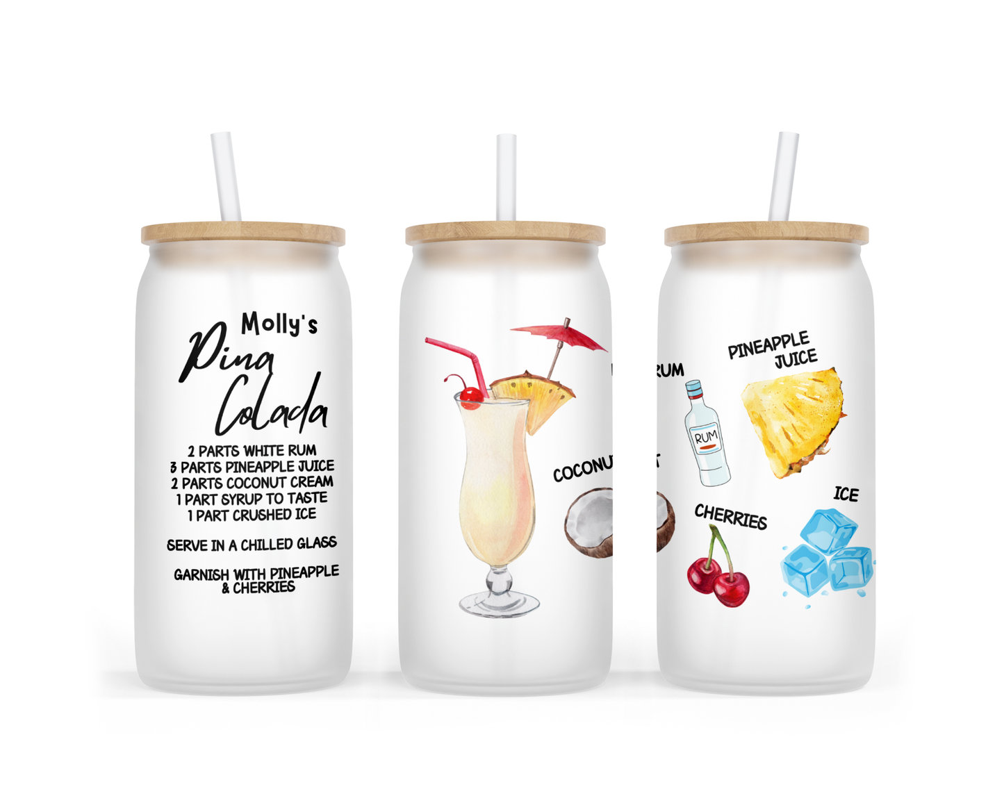 Personalised Frosted Glass Tumbler - Pina Colada Cocktail Design