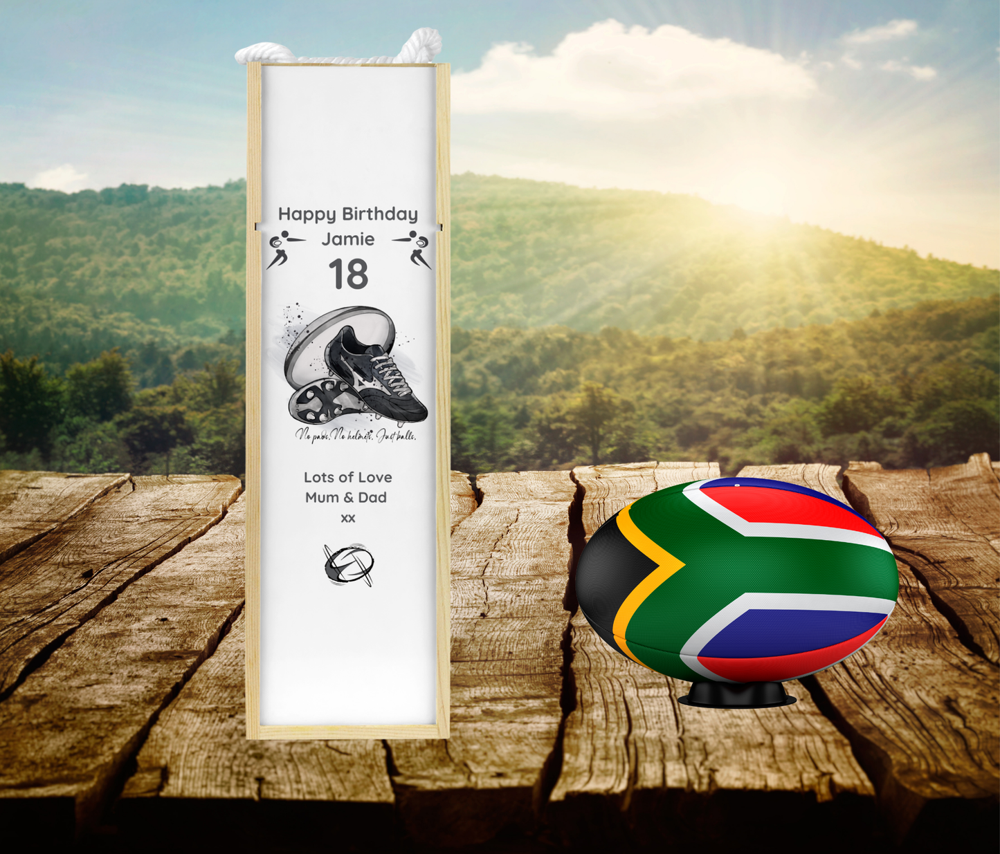 Personalised Wooden Wine Bottle Gift Box - Rugby Design