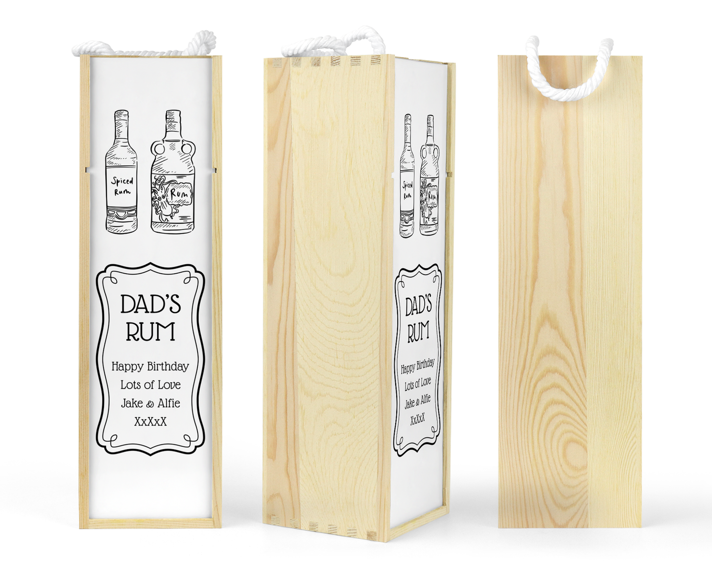 Personalised Wooden Bottle Gift Box - Black & White Rum Design