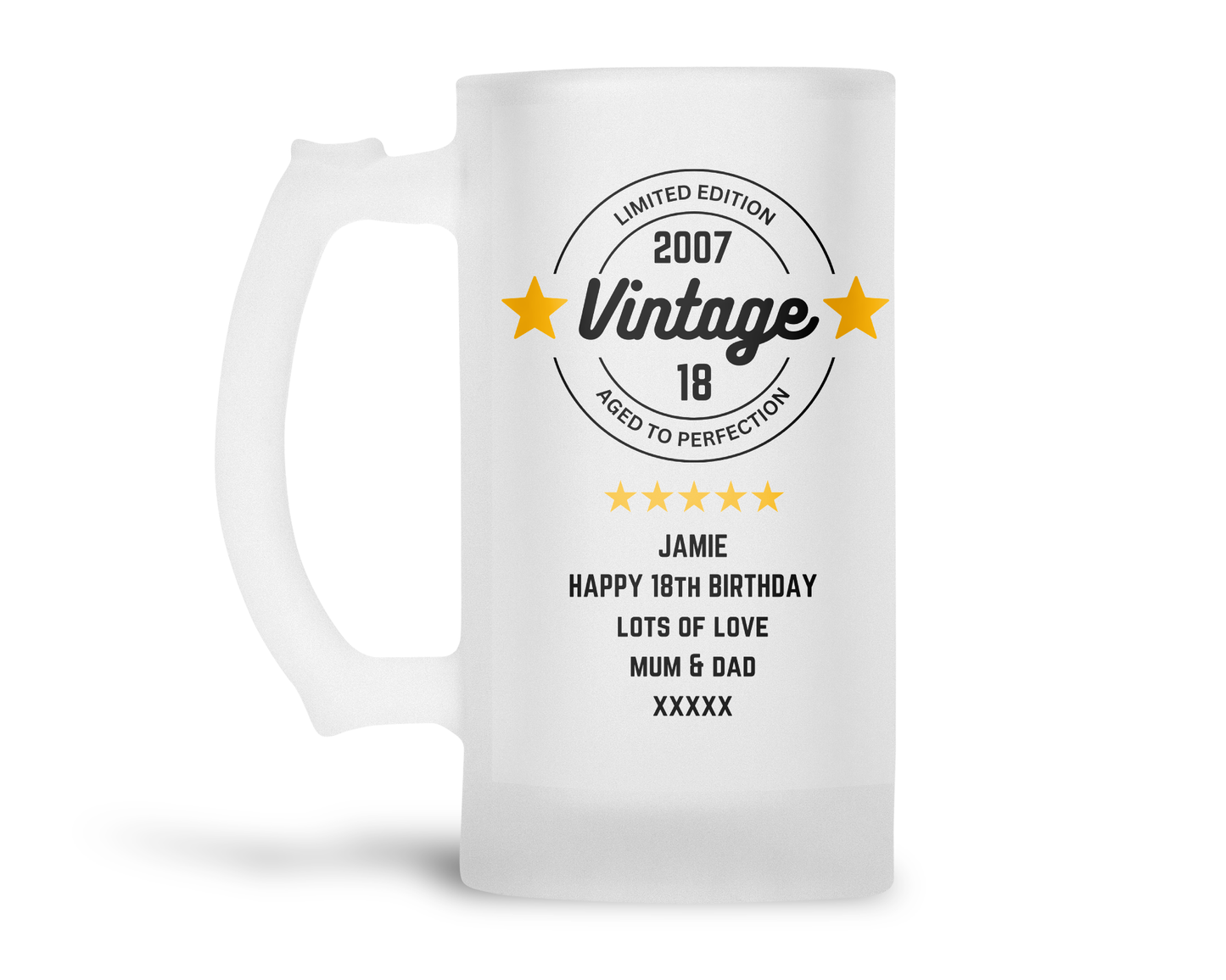 Personalised Frosted Glass Tankard (0.8 Pint) - Vintage Birthday Design
