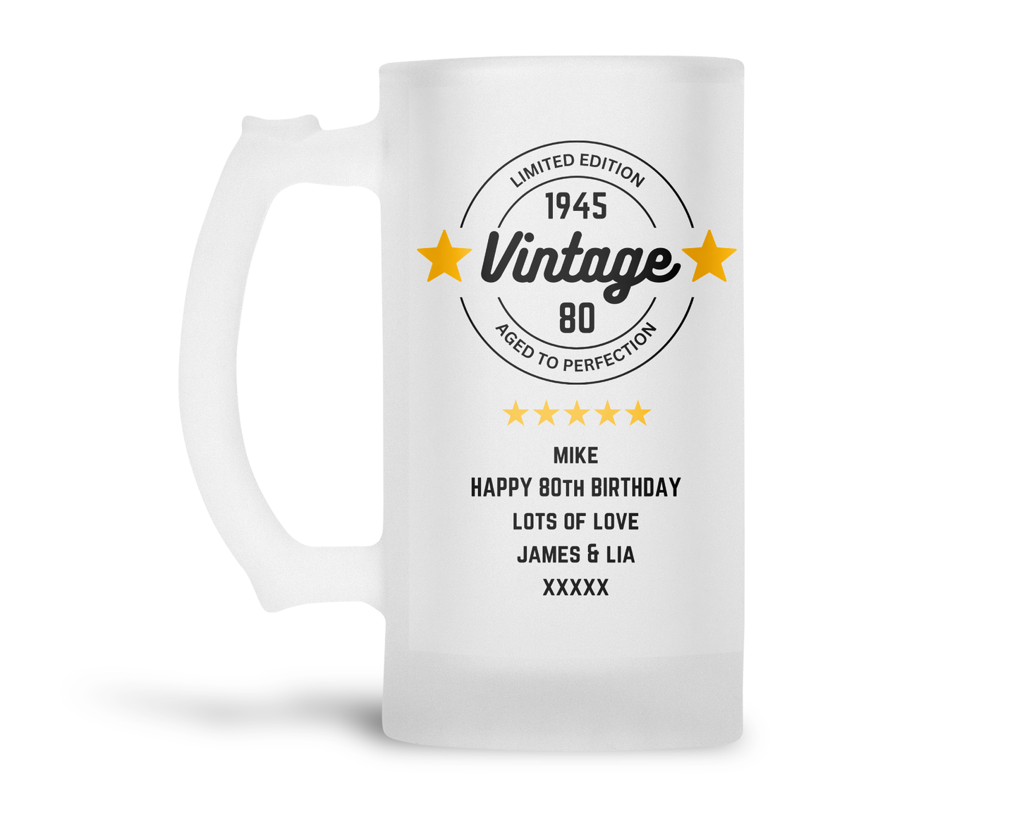 Personalised Frosted Glass Tankard (0.8 Pint) - Vintage Birthday Design