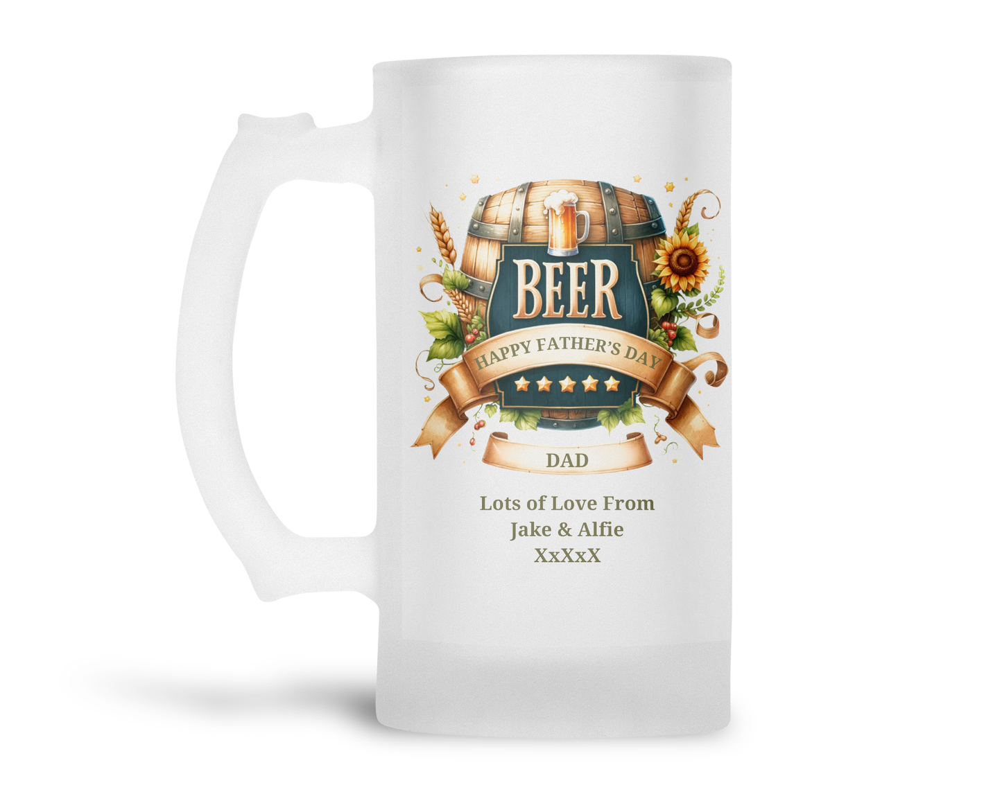 Personalised Frosted Glass Tankard (0.8 Pint) - Beer Barrel Design