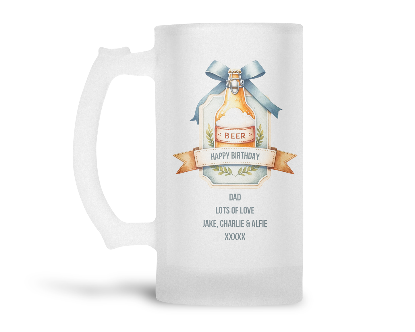 Personalised Frosted Glass Tankard (0.8 Pint) - Beer Ribbon Design