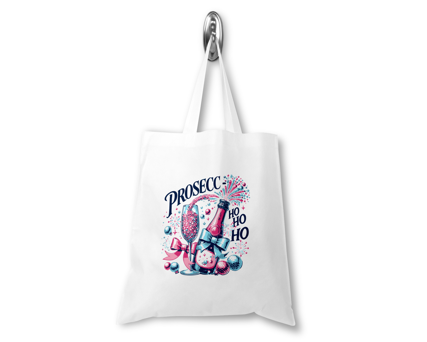 Personalised Tote Shopping Bag - Christmas Prosecco Pink & Blue Design