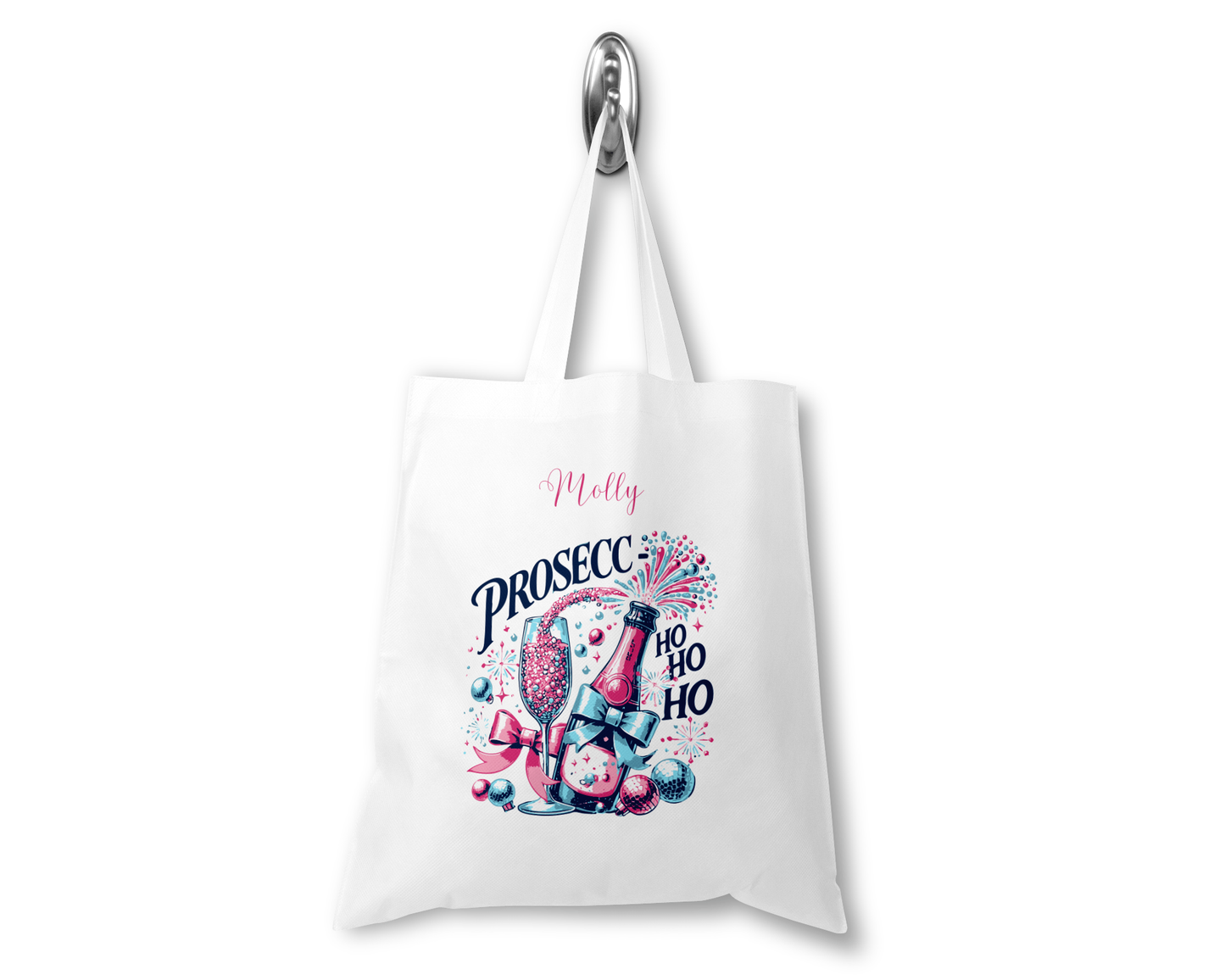 Personalised Tote Shopping Bag - Christmas Prosecco Pink & Blue