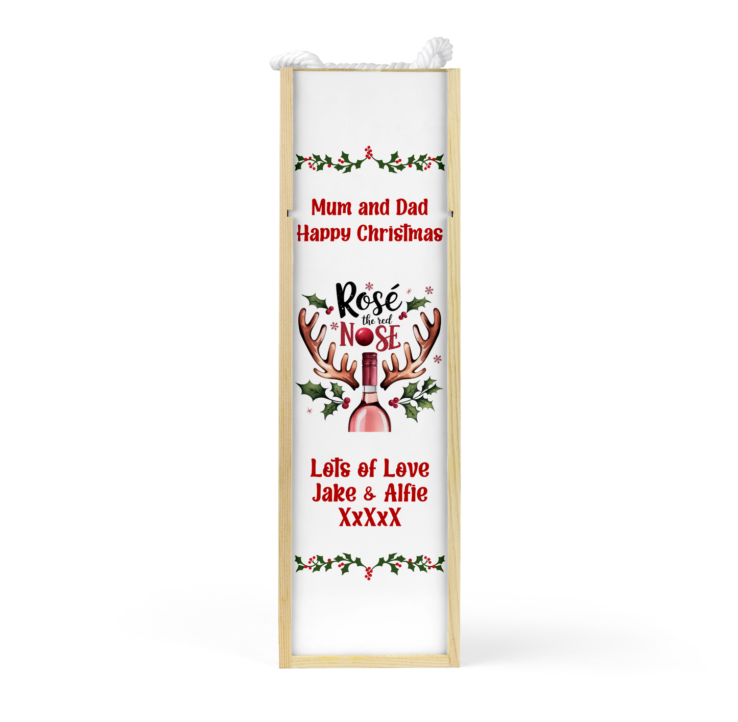 Personalised Wooden Bottle Gift Box - Christmas Rose Wine Design