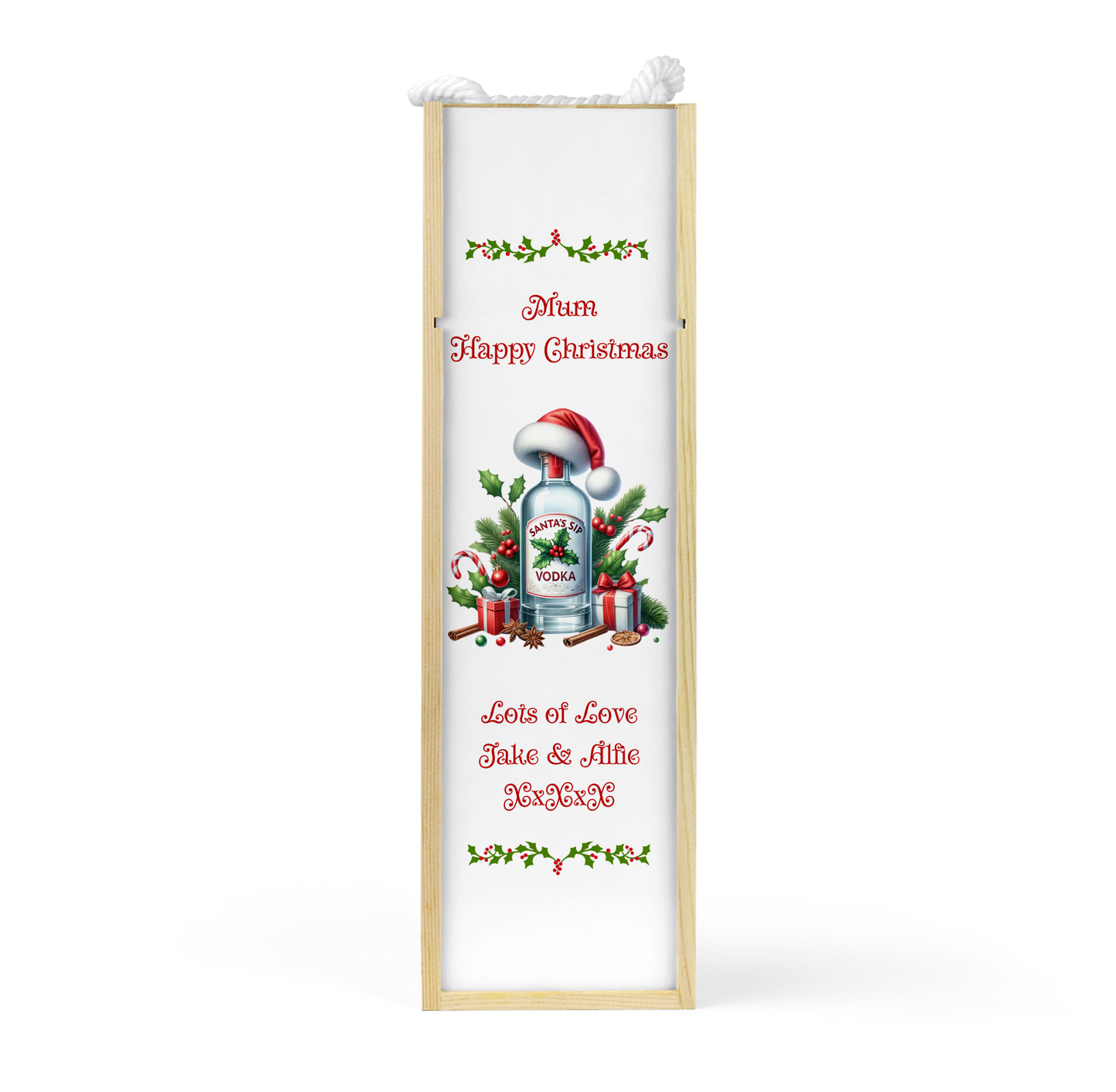 Personalised Wooden Bottle Gift Box - Christmas Vodka Design