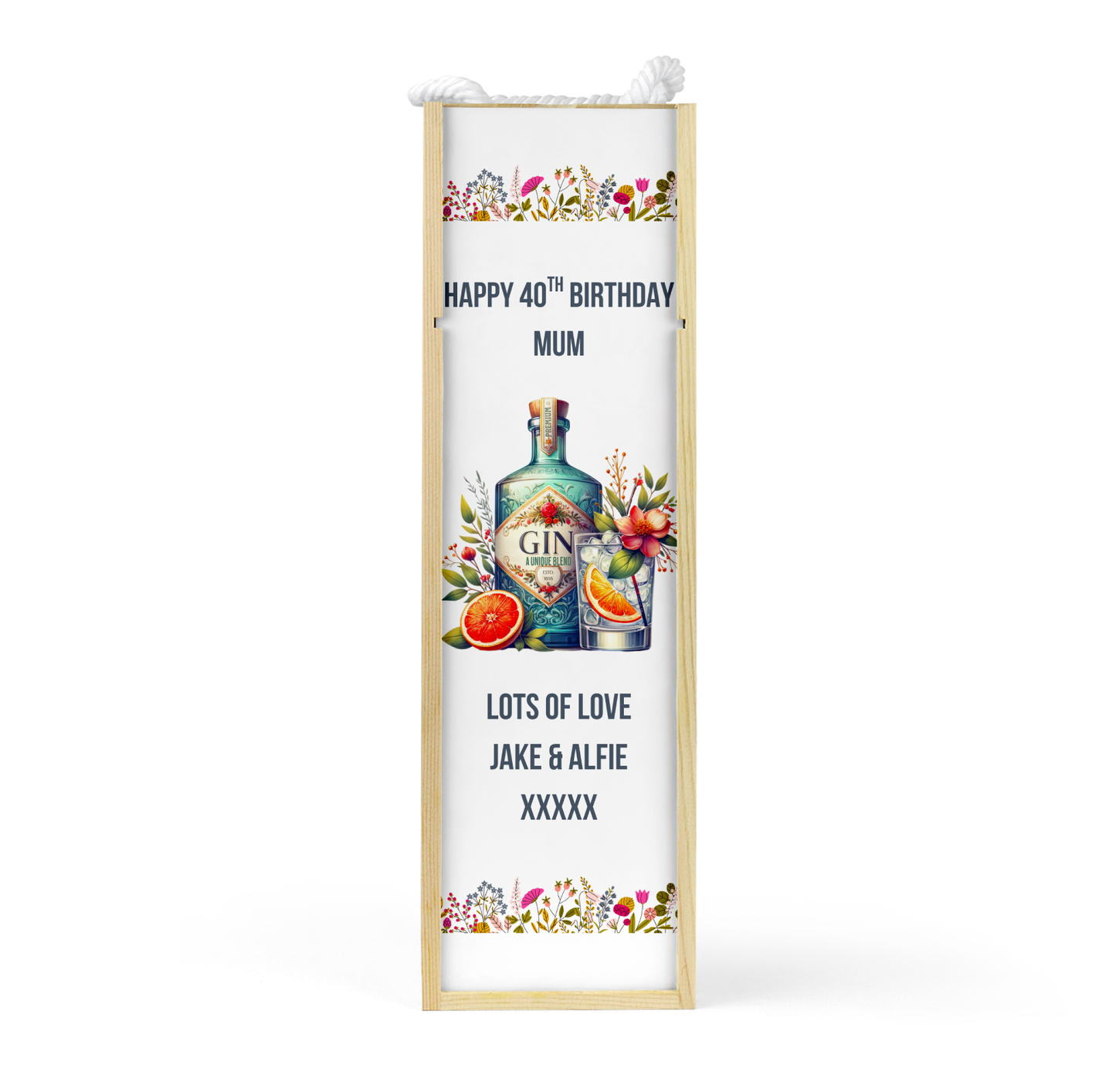Personalised Wooden Bottle Gift Box - Gin Flowers Design