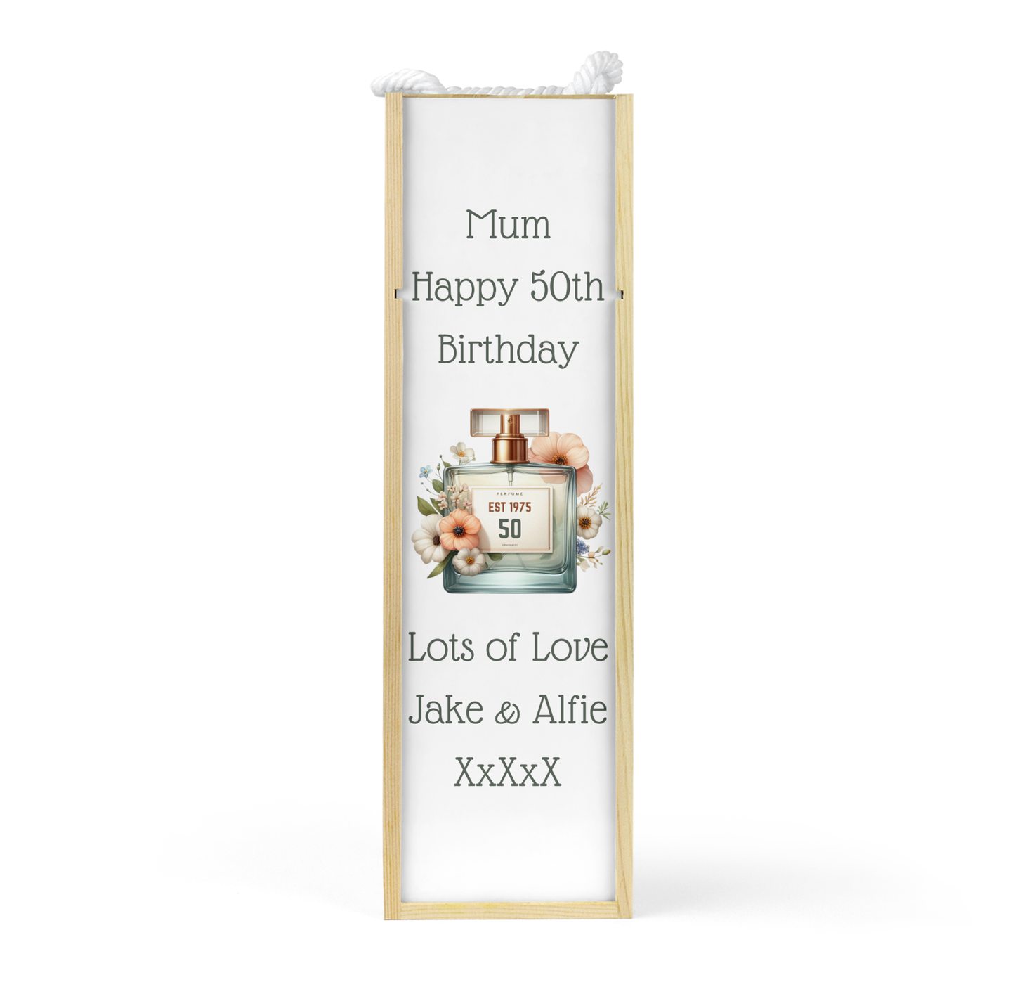 Personalised Wooden Wine Bottle Gift Box - Perfume Birthday Design