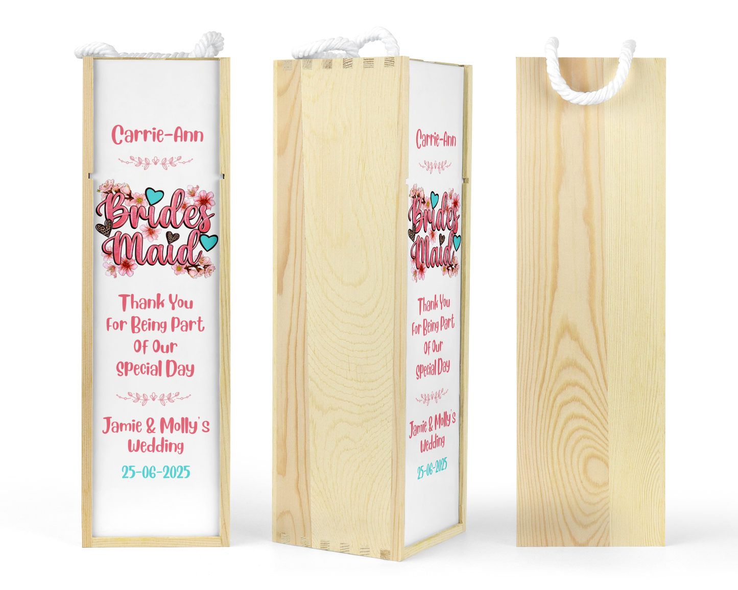 Personalised Wooden Wine Bottle Gift Box - Bridesmaid Wedding Design