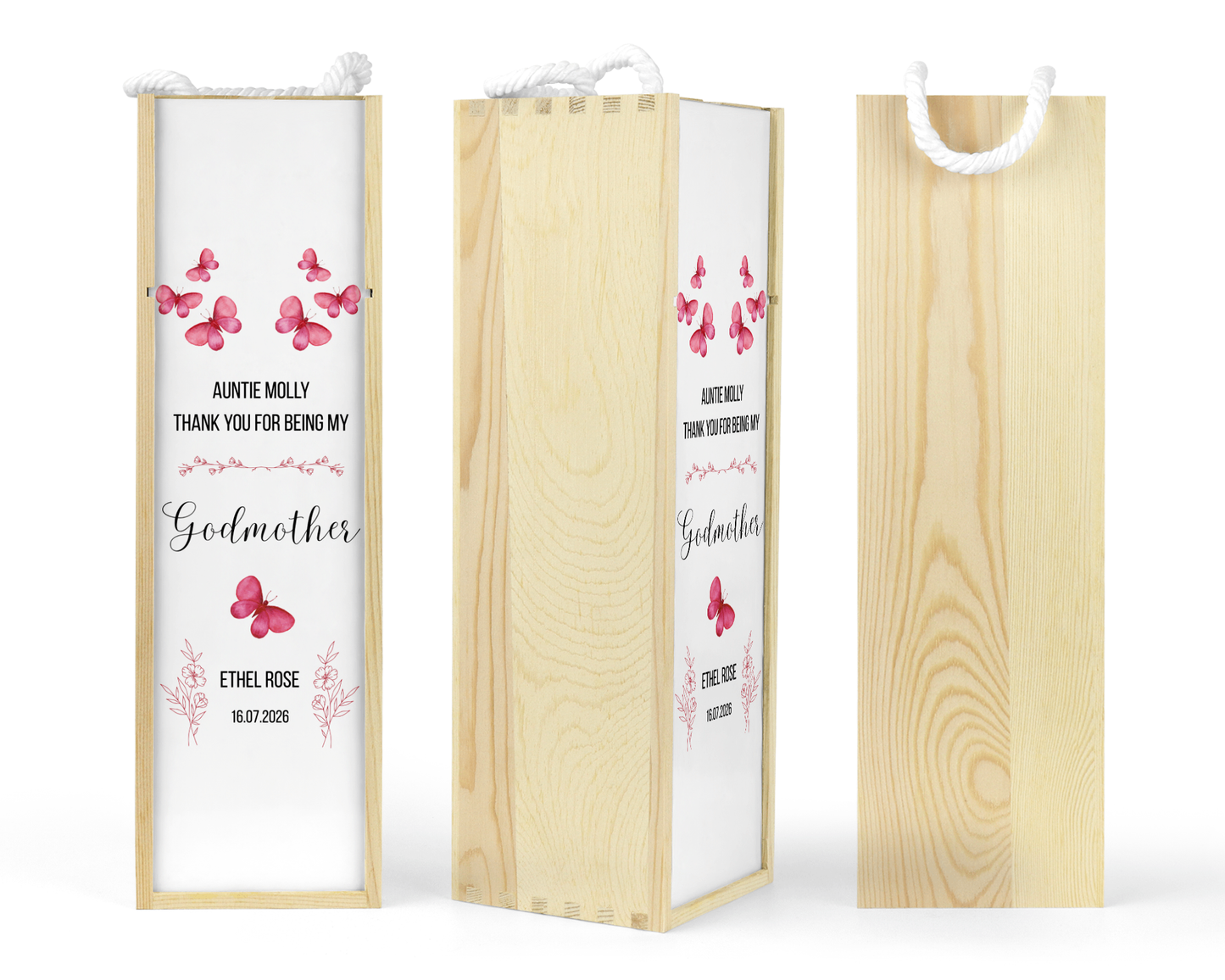 Personalised Wooden Wine Bottle Gift Box - Godmother Thank You