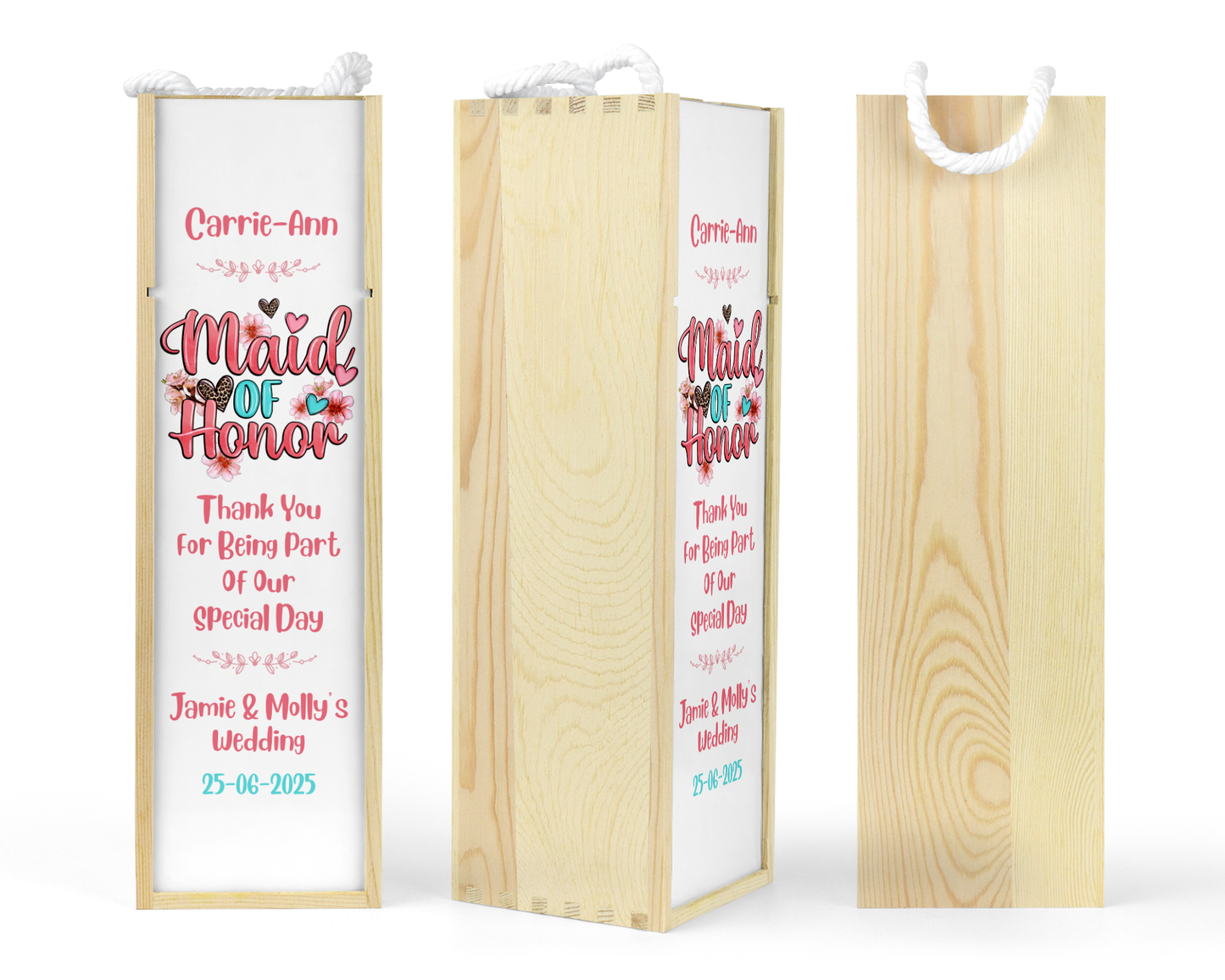Personalised Wooden Wine Bottle Gift Box - Maid of Honor Design