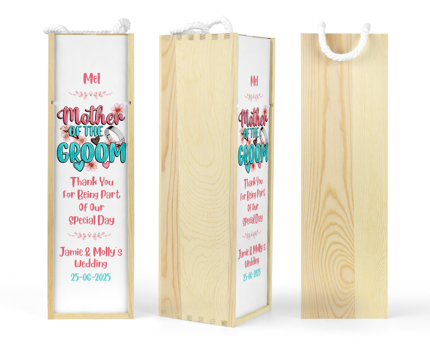 Personalised Wooden Wine Bottle Gift Box - Mother of the Groom Design