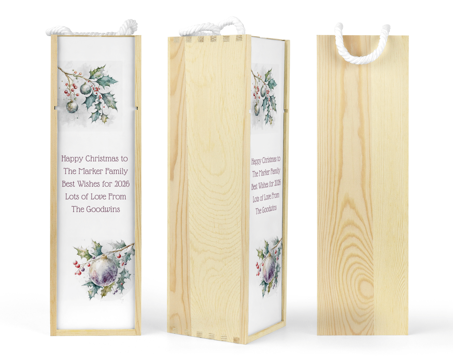 Personalised Wooden Bottle Gift Box - Christmas Holly Design