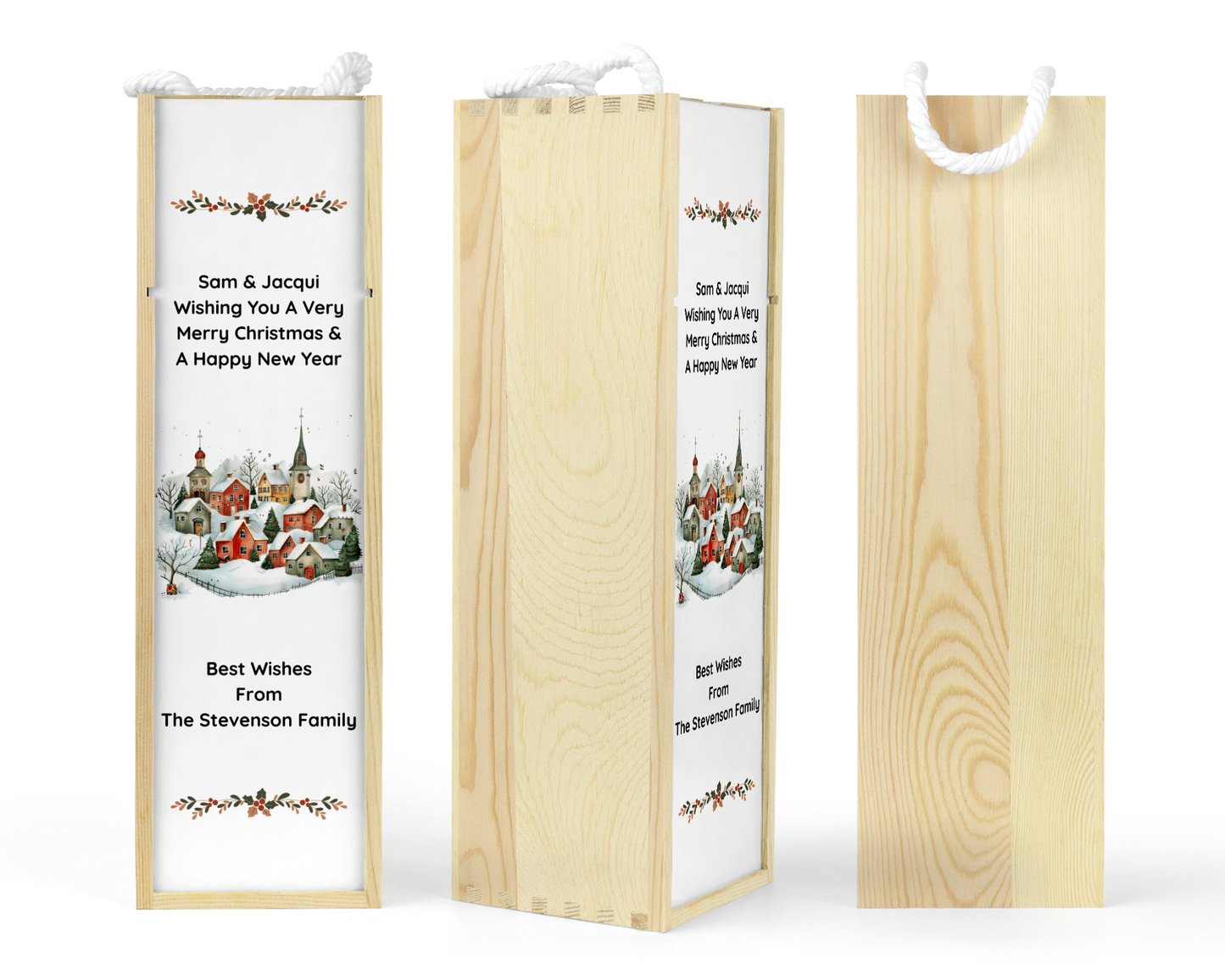 Personalised Wooden Bottle Gift Box - Christmas Village Scene Design