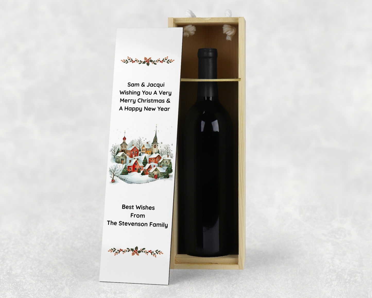 Personalised Wooden Bottle Gift Box - Christmas Village Scene Design