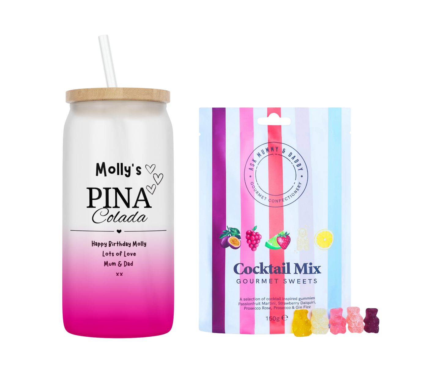 Personalised Pina Colada Design Ombre Coloured Glass Tumbler & Cocktail Gummies