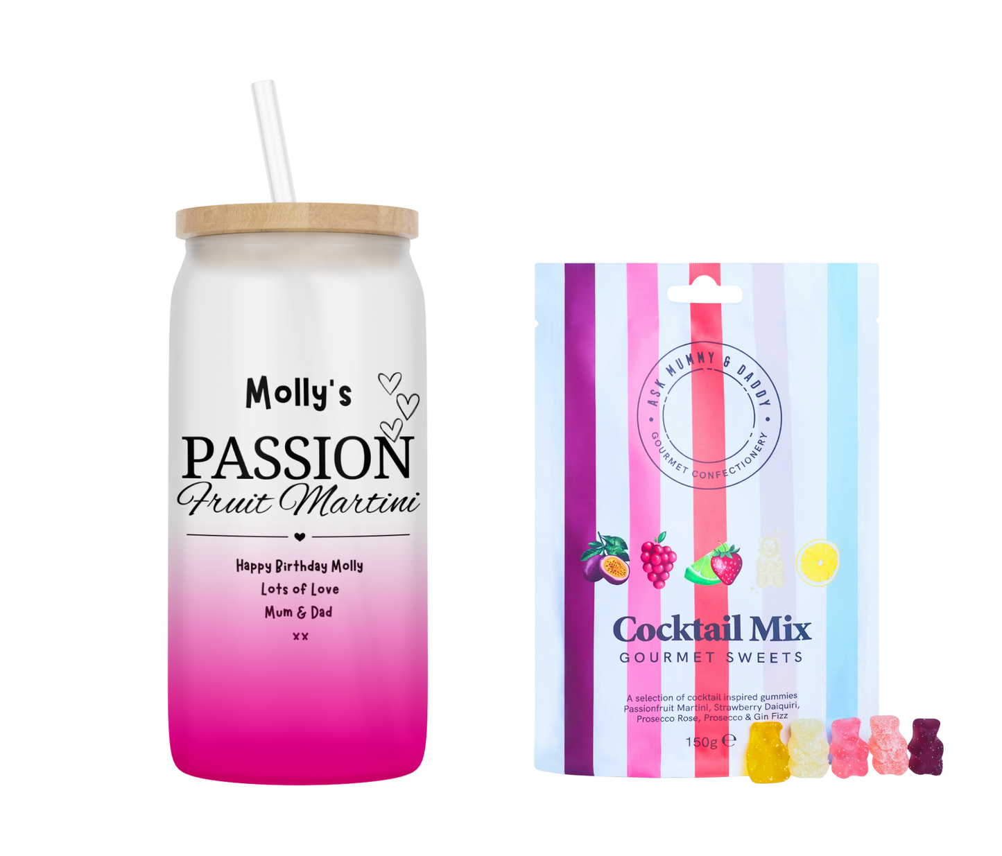 Personalised Passion Fruit Martini Design Ombre Coloured Glass Tumbler & Cocktail Gummies
