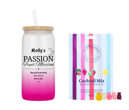 Personalised Passion Fruit Martini Design Ombre Coloured Glass Tumbler & Cocktail Gummies