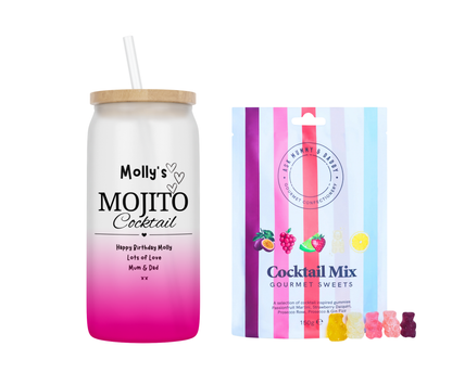 Personalised Mojito Design Ombre Coloured Glass Tumbler & Cocktail Gummies