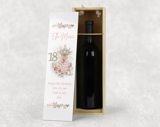 Personalised Wooden Wine Bottle Gift Box - 18th Birthday Crown Design